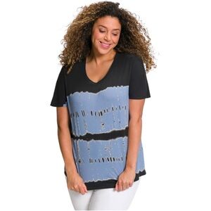 Ulla Popken Blue Tie-Dye Oversized V-neck Cotton T-shirt - Size 24/26